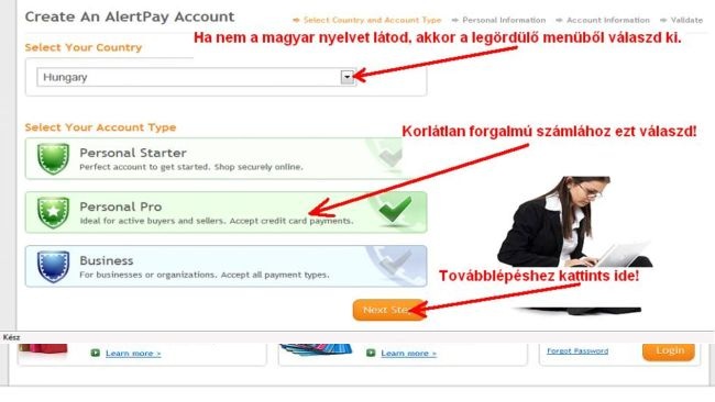 AlertPay számlanyitás magyarul. Válaszd ki a fiók típusát!